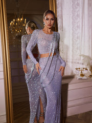 Gaelara Long Sleeve Embellished Split Skirt Set In Purple