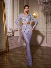 Gaelara Long Sleeve Embellished Split Skirt Set In Purple