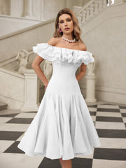 Gaelthar Off Shoulder Ruffle Midi Dress In White