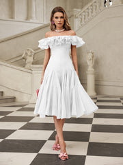 Gaelthar Off Shoulder Ruffle Midi Dress In White