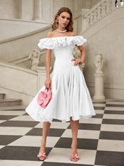 Gaelthar Off Shoulder Ruffle Midi Dress In White