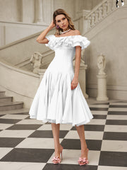 Gaelthar Off Shoulder Ruffle Midi Dress In White