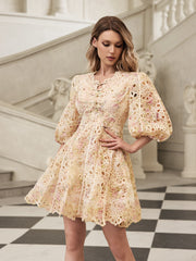 Gazrik Puff Sleeve Embroidered Mini Dress