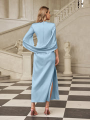 Gyxra Shoulder Pad Satin Midi Dress In Sky