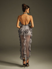 Haeris Halterneck Flower Mesh Midi Dress In Grey