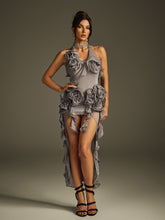 Haeris Halterneck Flower Mesh Midi Dress In Grey