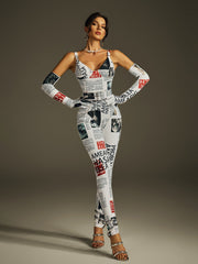 Haldrix Spaghetti Printed Jumpsuit With Gloves