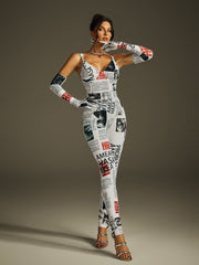 Haldrix Spaghetti Printed Jumpsuit With Gloves