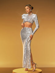 Hexis Long Sleeve Sequin Skirt Set