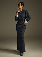 Hryixel Folded Collar Stripe Skirt Set