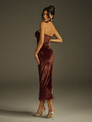 Ildrin Strapless Feather Velvet Midi Dress