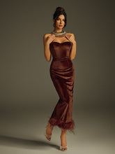 Ildrin Strapless Feather Velvet Midi Dress