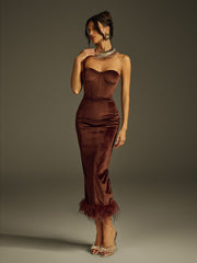 Ildrin Strapless Feather Velvet Midi Dress