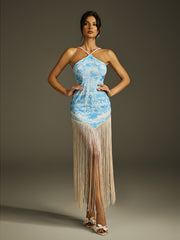 Ildris Spaghetti Floral Fringe Maxi Dress