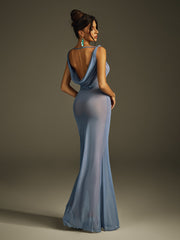 Ilyria Sleeveless Draped Mesh Maxi Dress