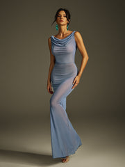 Ilyria Sleeveless Draped Mesh Maxi Dress