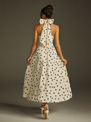 Ilyxra Halterneck Bow Split Dot Midi Dress