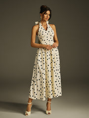 Ilyxra Halterneck Bow Split Dot Midi Dress