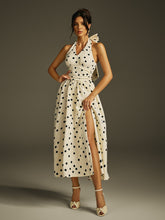 Ilyxra Halterneck Bow Split Dot Midi Dress