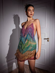 Indy V Neck Rainbow Crystal Fringe Mini Dress