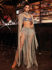 Ixandriel Fringe Knitted Cover Up Skirt Set