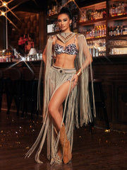 Ixandriel Fringe Knitted Cover Up Skirt Set