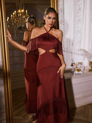 Izumi Fringe Bandage Maxi Dress In Maroon