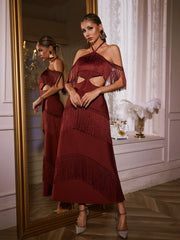 Izumi Fringe Bandage Maxi Dress In Maroon