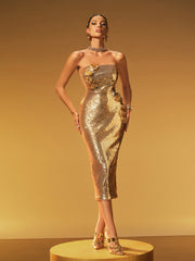 Jaelith Strapless Flower Sequin Midi Dress