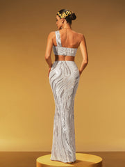 Jaelthar One Shoulder Sequin Skirt Set In White