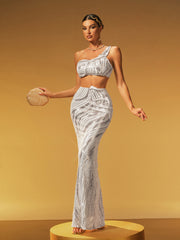 Jaelthar One Shoulder Sequin Skirt Set In White