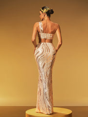 Jaelthar One Shoulder Sequin Skirt Set In Apricot