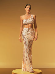 Jaelthar One Shoulder Sequin Skirt Set In Apricot