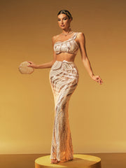 Jaelthar One Shoulder Sequin Skirt Set In Apricot