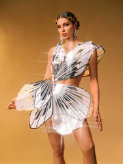 Jaidlynn Butterfly Embellished Cutout Mini Dress In Silver