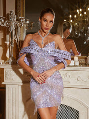 Jaimarie Off Shoulder Rhinestone Fringe Mini Dress In Purple