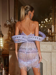 Jaimarie Off Shoulder Rhinestone Fringe Mini Dress In Purple