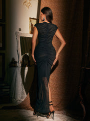 Jania Sleeveless Hollow Ruched Mesh Maxi Dress