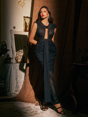 Jania Sleeveless Hollow Ruched Mesh Maxi Dress