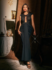 Jania Sleeveless Hollow Ruched Mesh Maxi Dress