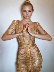 Janison Diamond Chain Mesh Mini Dress In Gold