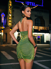 Cinzia Halterneck Diamond Chain Mesh Mini Dress In Green