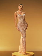 Jyressa Strapless Chain Fringe Sequin Maxi Dress