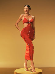 Jyrix Spaghetti Crystal Fringe Bandage Midi Dress