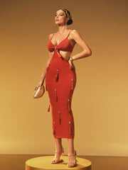 Jyrix Spaghetti Crystal Fringe Bandage Midi Dress