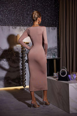 Kaison Long Sleeve Crystal Cutout Midi Dress