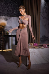 Kaison Long Sleeve Crystal Cutout Midi Dress