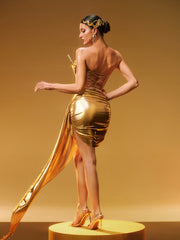 Keisha Rhinestone Metallic Skirt Set In Gold