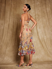Kohen Halterneck Flower Embroidered Midi Dress