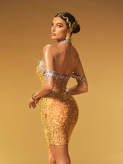 Krythos Halterneck Crystal Mesh Mini Dress In Chartreuse